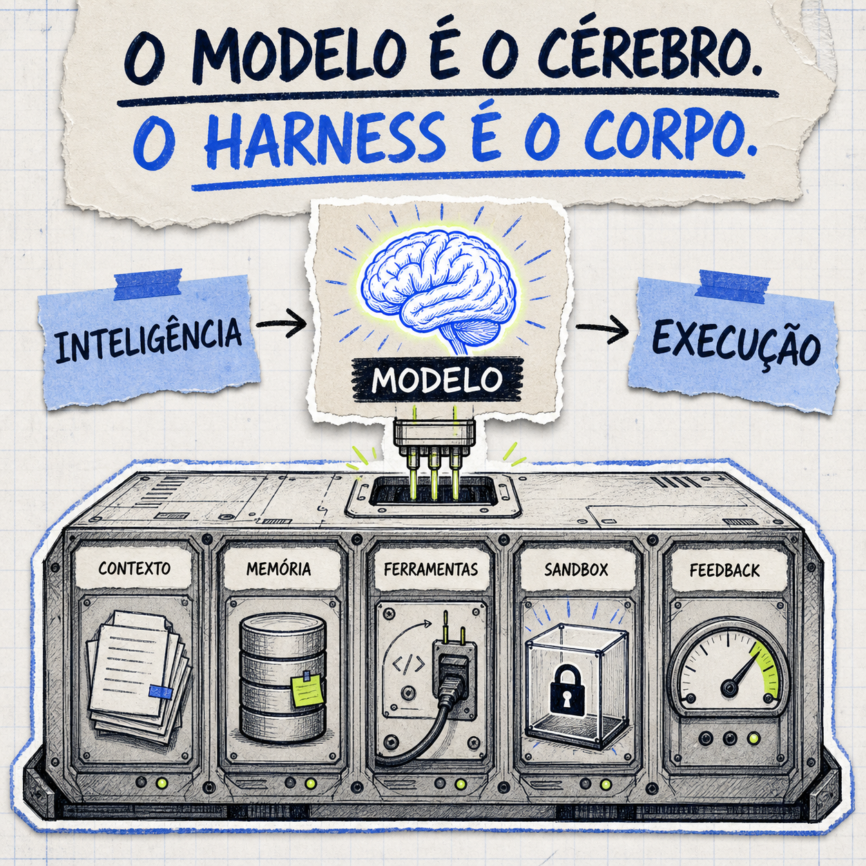 Modelo como cérebro conectado ao harness modular de contexto, memória, ferramentas, sandbox e feedback
