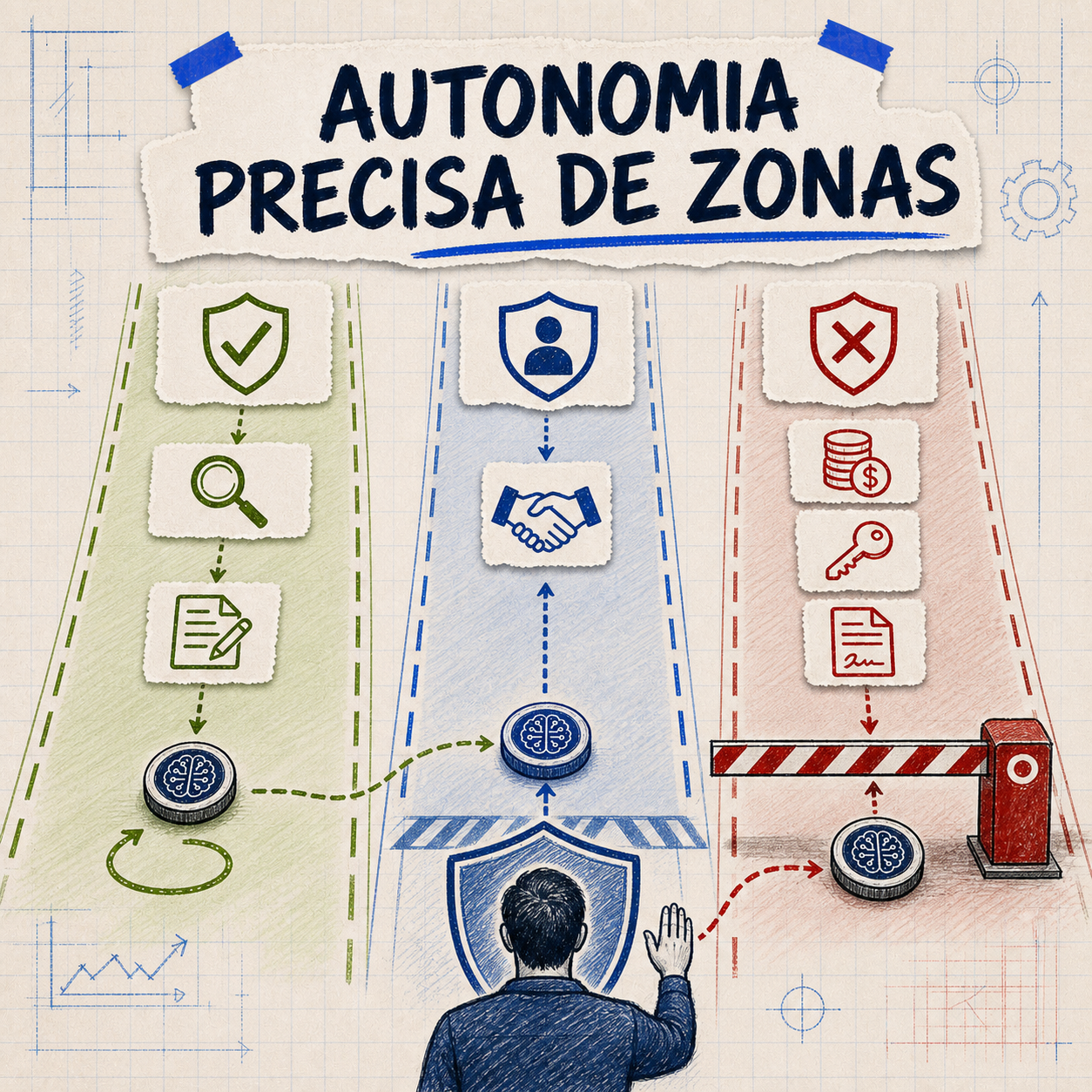 Três zonas de autonomia para agentes: verde para ações reversíveis, amarela para revisão humana e vermelha para decisões críticas