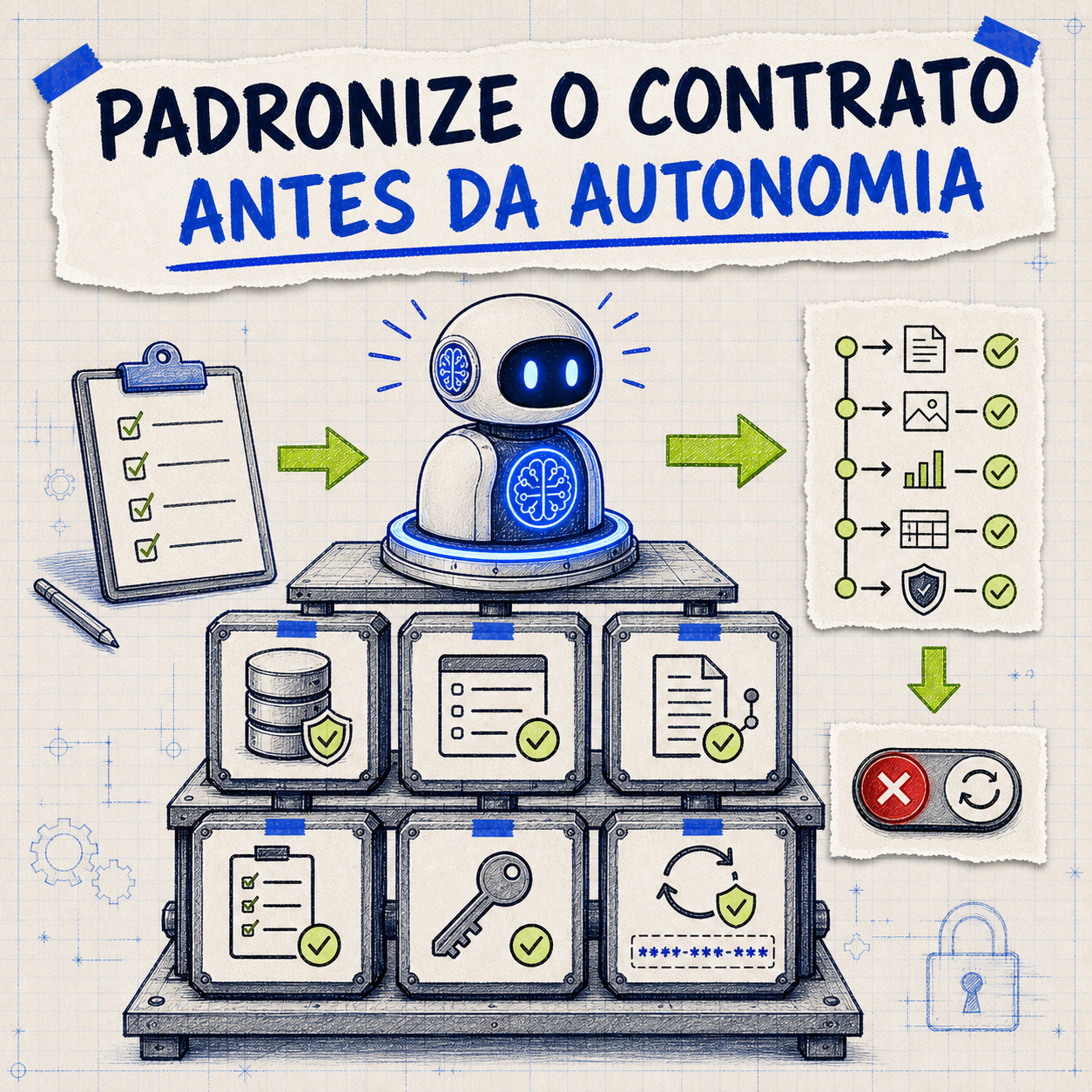Uma bancada de preparação organizando contexto, critérios, dados, evidências e responsáveis antes de alimentar o agente